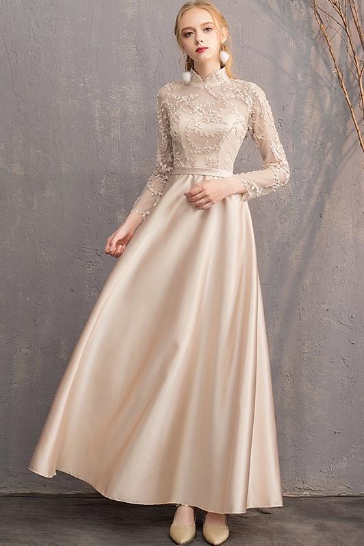 Elegant Long Sleeves Open Back A-line Prom Dresses Bridesmaid Gowns Y0040