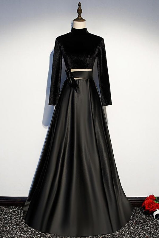 Newest Simple Style Long Sleeves High Neck Black Prom Dresses Women Dresses Y0043