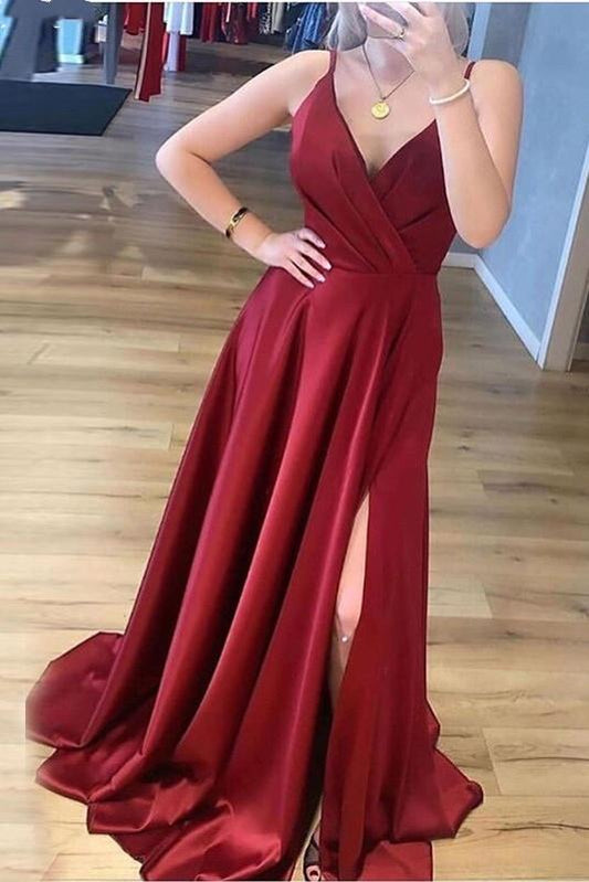 Simple Spaghetti Straps V-neck Front Split Long Party Prom Dresses Y0055