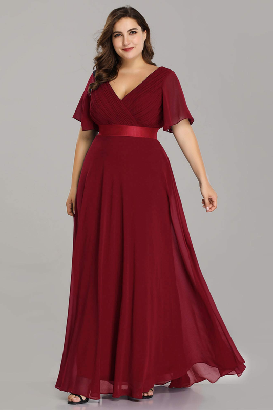 Simple V-neck Burgundy Long A-line Chiffon Long Plus Sizes Prom Dresses Y0066