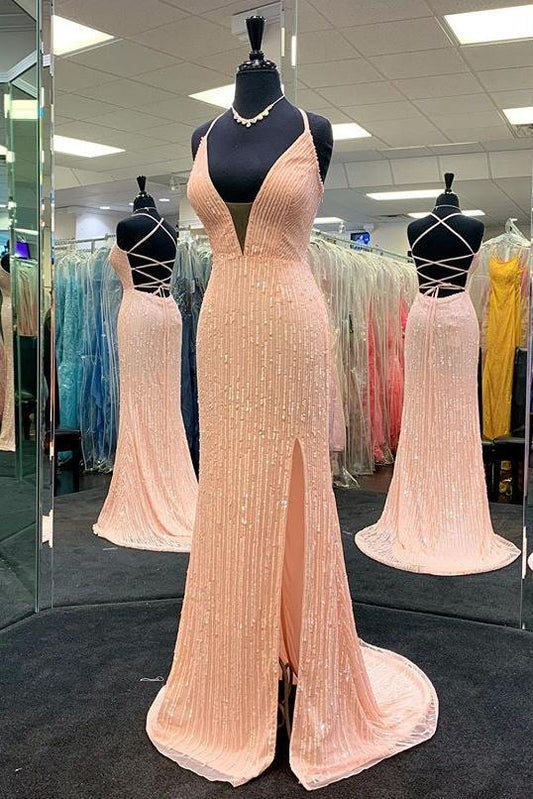 Sexy Sheath Spaghetti Straps Front Split Beading Backless Prom Dresses Y0088