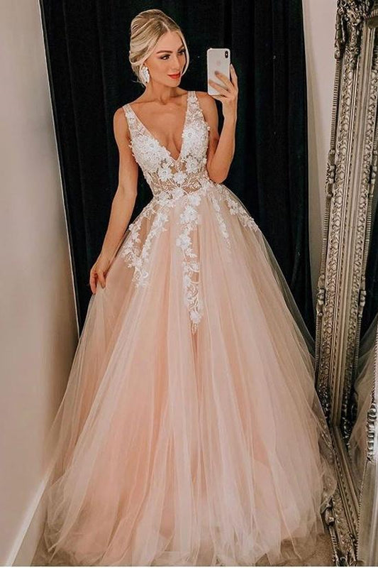 Beautiful V-neck Long Floor Length Princess Dress Prom Dresses With Appliques Y0093