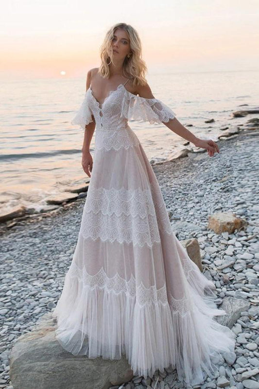 Bohemia Charming Long Lace Beach Wedding Dresses For Women Y0111