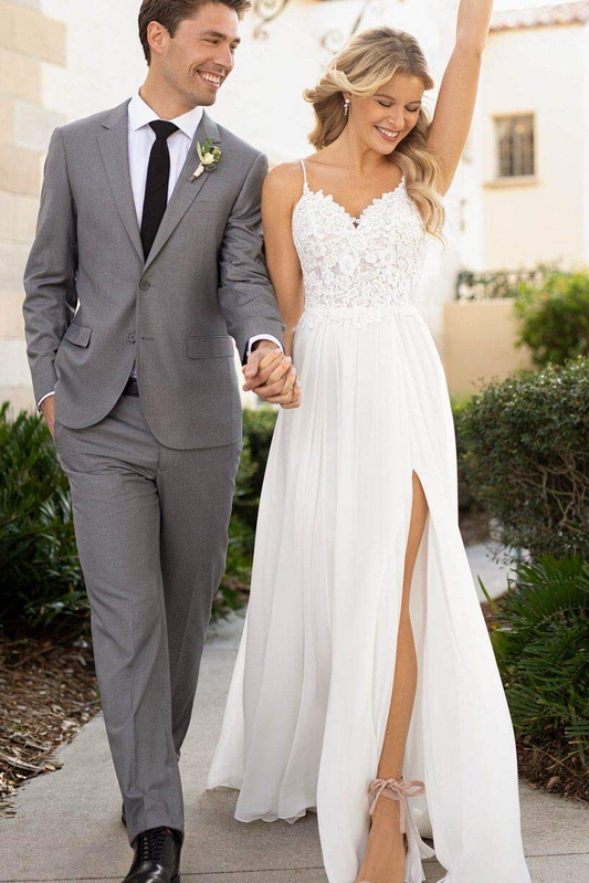 Front Split Spaghetti Straps Lace Chiffon Long Flowy Beach Wedding Dresses Y0120