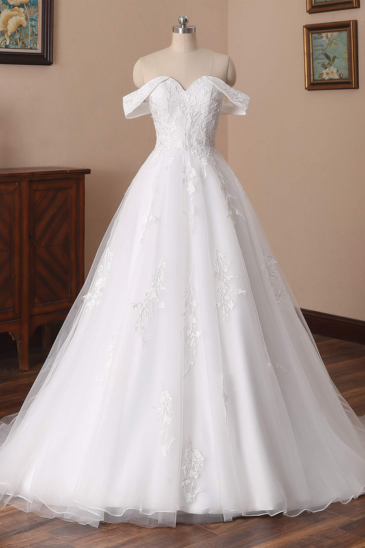 Charming Off The Shoulder Long A-line Tulle Wedding Dresses With Lace Appliques Y0121