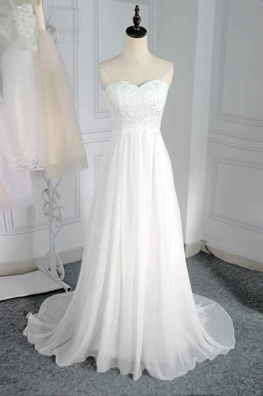 Classy Sweetheart Long Ivory Lace Chiffon Simple Beach Wedding Dresses Y0124