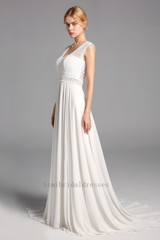 Newest Simple Long Lace Chiffon Open Back Beach Wedding Dresses Y0130