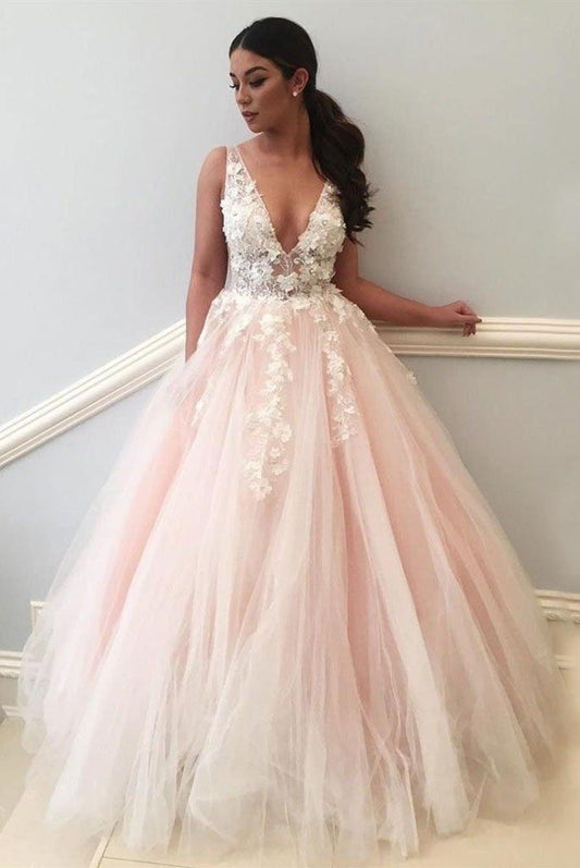 Deep V-neck Long A-line Beauty Pink Princess Dress Prom Dresses Y0138