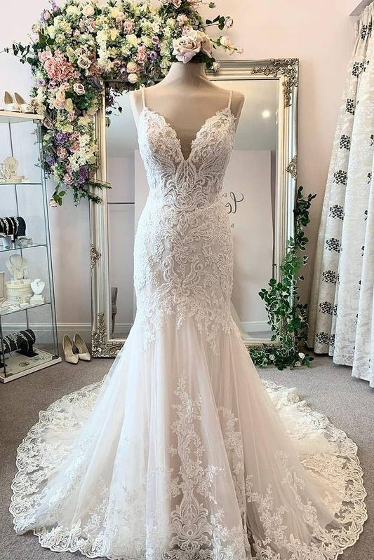 Formal Spaghetti Straps Long Mermaid Lace Wedding Dresses Bridal Gowns Y0146