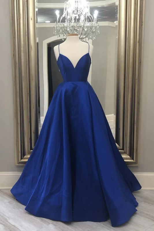 Elegant Royal Blue Long A-line Satin Prom Dresses Evening Gowns Y0190