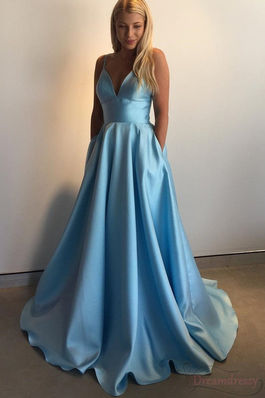 Spaghettti Straps A-line Light Blue Long Prom Dresses With Pockest Y0198