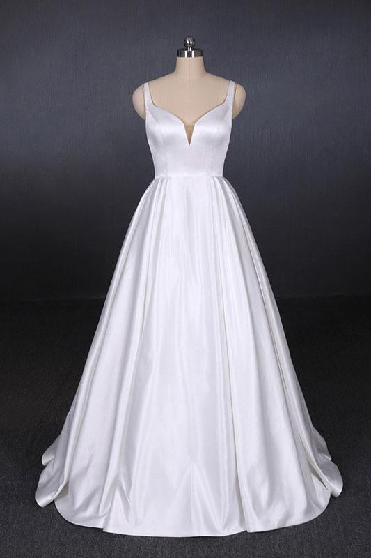 Simple Straps White Satin Wedding Dresses, Floor Length Satin Backless Bridal Dresses N2356