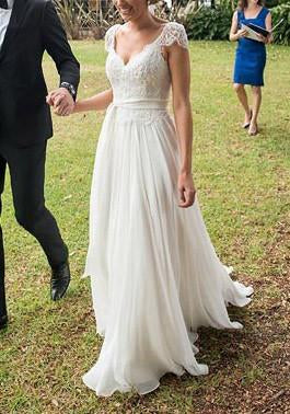 V-neck A-line Cap Sleeves Lace Ivory Chiffon Beach Wedding Dress,N09