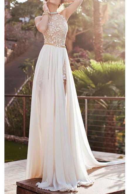 A-line Halter High Neck Lace Ivory Beach Wedding Dress,Prom Dresses N14