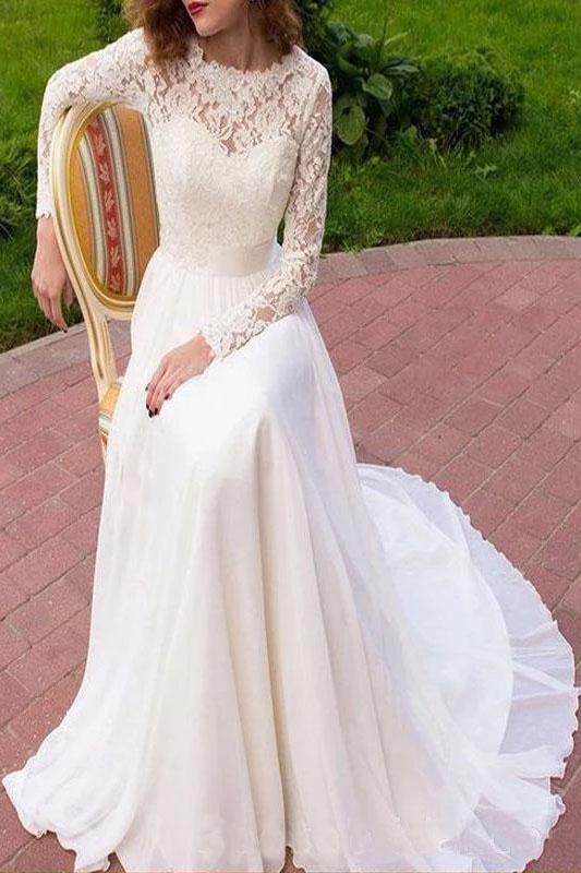 Vintage Long Sleeves Chiffon Wedding Dress with Lace, Flowy Beach Wedding Dress N2431