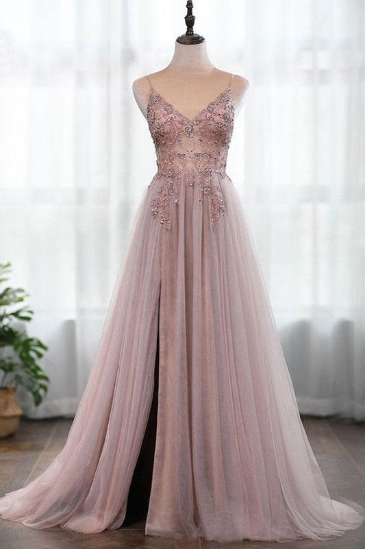 Dusty Pink Spaghetti Straps Gorgeous Beading Prom Dress, A Line Split Tulle Evening Dresses N2403