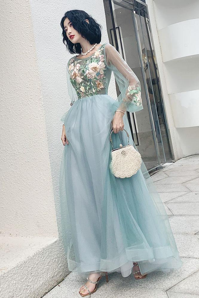 Elegant Long Sleeves Appliqued Tulle Prom Dress, Floor Length Appliques Evening Dress N2324