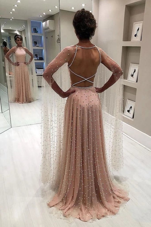 Unique A Line Backless Long Prom Dresses with Pearls, Gorgeous Long Evening Dress N2039