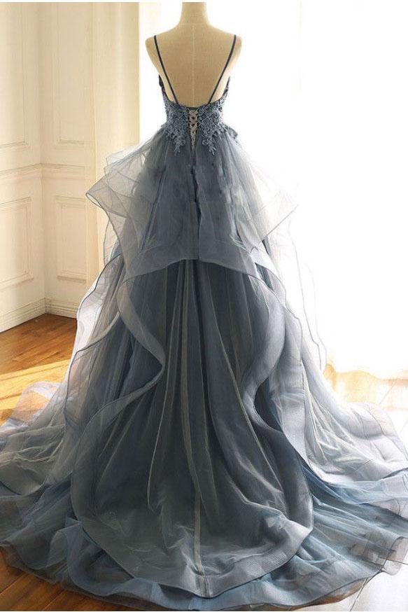 Dark Gray Tulle Prom Dress with Lace Appliques, Spaghetti Straps Sweep Train Party Dress N2606