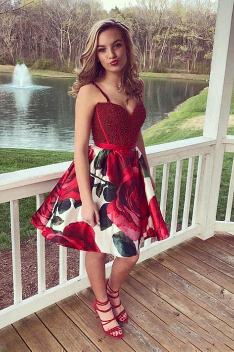 Burgundy Floral Homecoming Dresses Short Beaded Knee Length Cocktail Dresses N1864