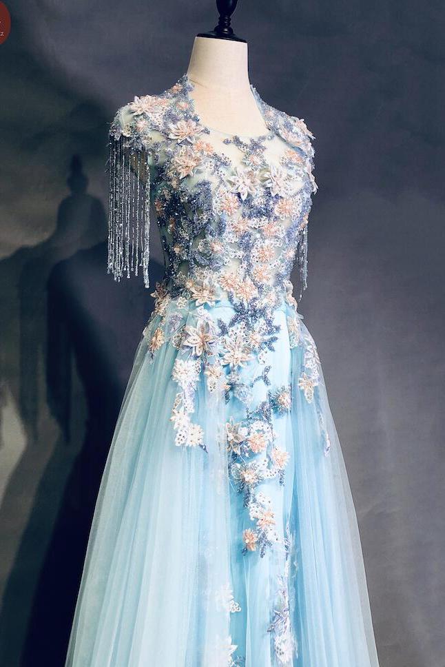 Unique Light Blue Cap Sleeves Prom Dress with Beading, Gorgeous Applique Formal Dress N1955