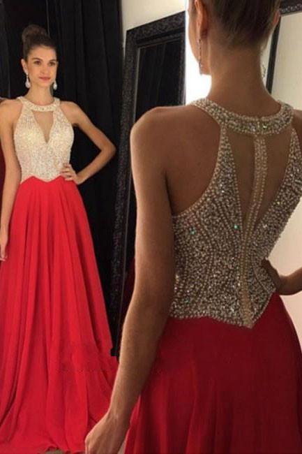 Red Beaded Long Chiffon Prom Dress,Luxury Long Homecoming Dress,Prom Dress Plus Size  N69