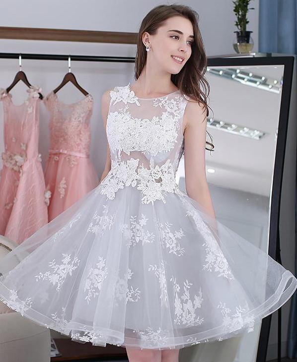 Knee-length Sleeveless Short Homecoming Dresses,A-line Lace Appliques Tulle Party Dresses,N196