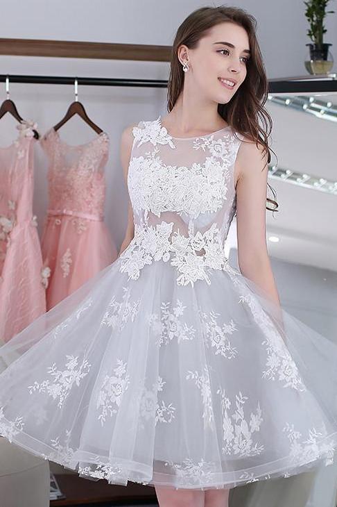 Knee-length Sleeveless Short Homecoming Dresses,A-line Lace Appliques Tulle Party Dresses,N196