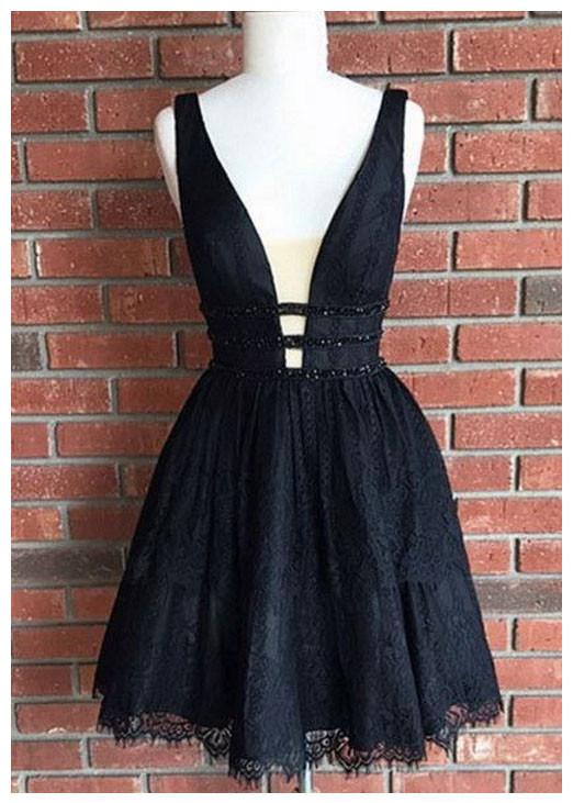 Black Deep V-neck Homecoming Dresses,Sexy Sleeveless Short Homecoming Dresses,N175