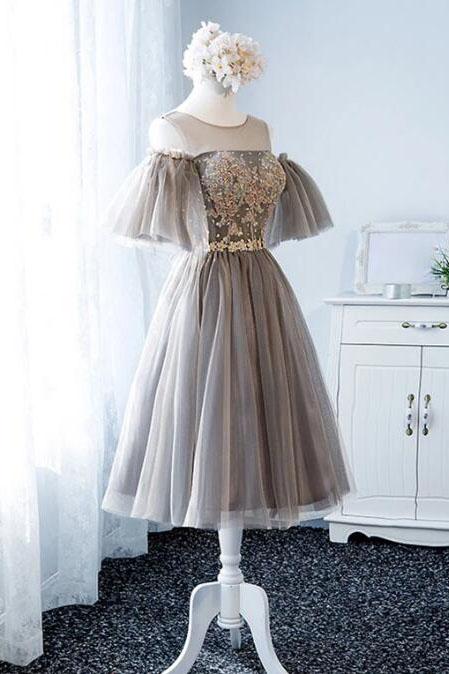 A Line Knee Length Tulle Homecoming Dress with Sleeves, Cute Short Prom Gown N2189