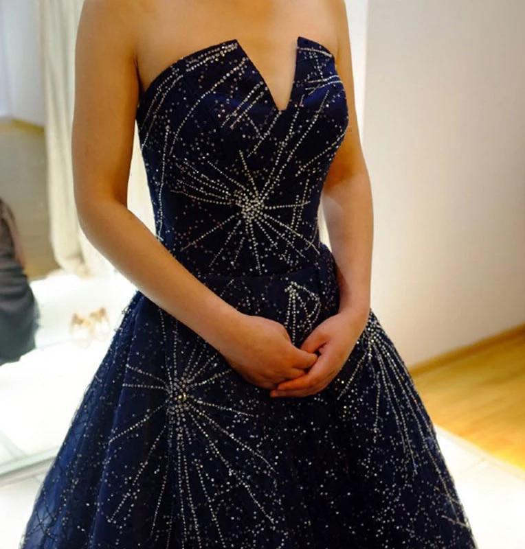 Unique V-neck Prom Gown,Strapless Navy Blue Sparkly Evening Dress,Sexy Prom Gowns N77