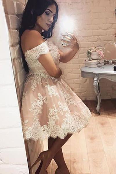 Pink Homecoming Dress,Off-the-shoulder Short Prom Dresses,Lace Short Graduation Dresses,Lace Tulle Prom Dress,N154