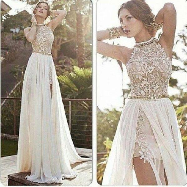 A-line Halter High Neck Lace Ivory Beach Wedding Dress,Prom Dresses N14