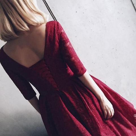 Burgundy Lace V-neck Homecoming Dress,Half Sleeve V Neck Short Prom Dresses,N195