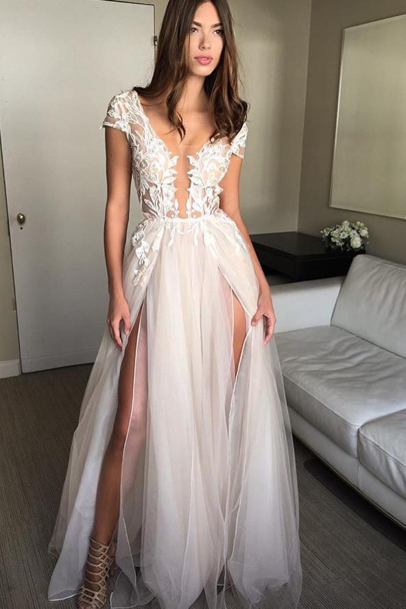 Cap Sleeve Deep V-neck Prom Gown With Appliques,Sexy Split Tulle Wedding Dresses, N99