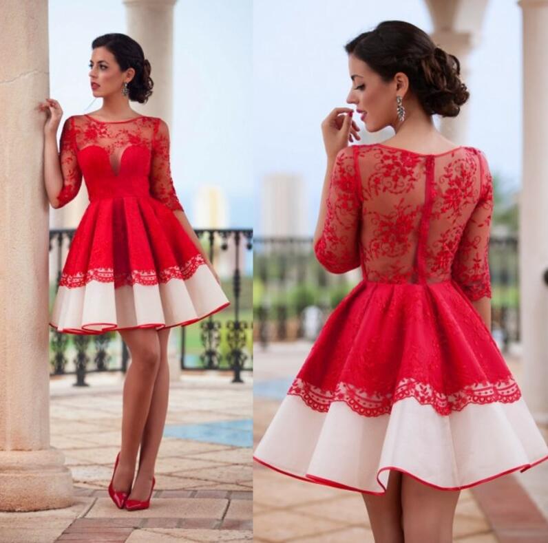 Half Sleeve Red Homecoming dresses,See-through Short Lace Homecoming Gowns,N172