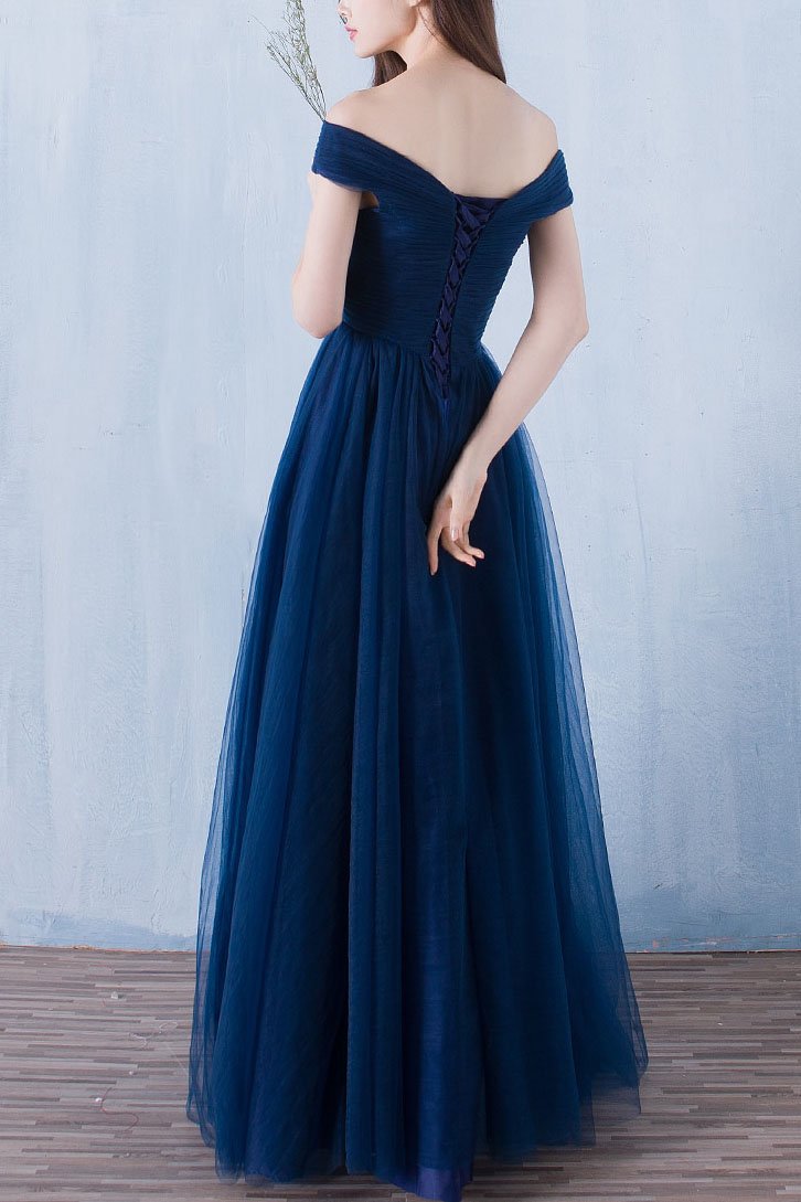 A-line Navy Blue off-the-Shoulder Long Prom Dresses,Tulle Evening Dress N23