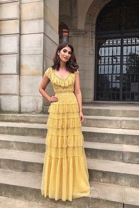 Retro Yellow V Neck Long Dress with Ruffles, Unique Floor Length Tulle Prom Dress N2245