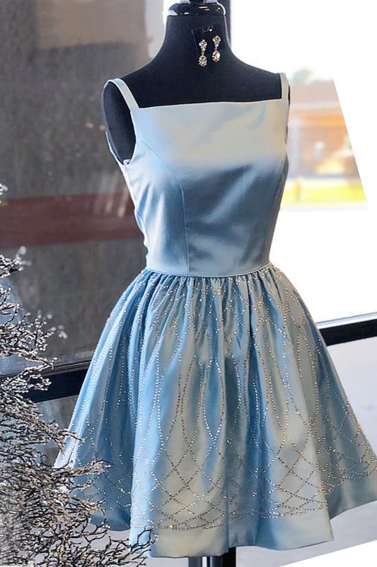 Shiny Blue Satin Beading Square Neck Sleeveless Homecoming Dress, Knee Length Prom Dress N1825