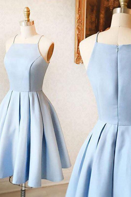 A-Line Spaghetti Straps Homecoming Dress,Sleeveless Light Blue Satin Short Prom Dress,ED90