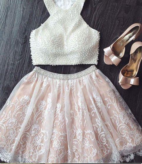 Two Piece Short White Lace Homecoming Dress with Pearls,Mini Dresses,Short Prom Dress,ED91