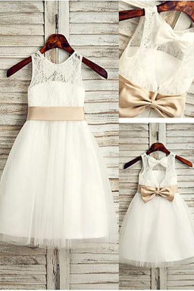 A-line Cute Ivory Lace Top Tulle Sleeveless Flower Girl Dress with Bowknot,F005