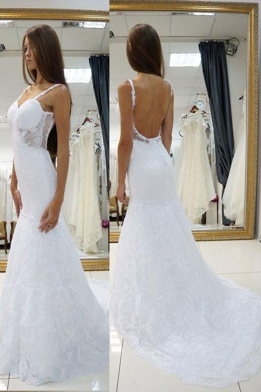 Wedding Dress,Straps Wedding Dresses,Sexy Backless Wedding Gown,White Wedding Gowns,Lace Wedding Dress,Sweetheart Bridal Dresses,Long Bride Dresses,Customized Made Bridal Gown