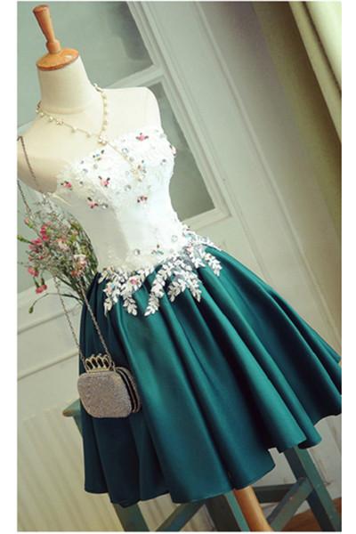 Special Deep Jade Short Prom Dress With Appliques,Elegant Strapless Homecoming Dress,Short Homecoming Dress,Stain Cocktail Dress,Short Party Gown,A-line Sweet 16 Dress,Short Graduation Dress