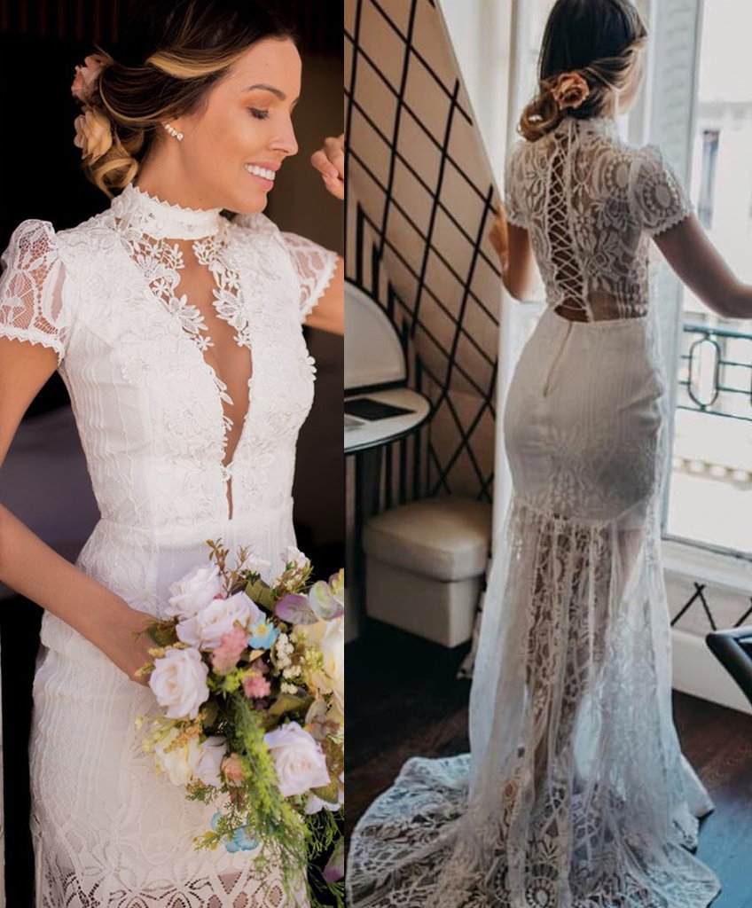 Vintage High Neck Lace Wedding Dress with Short Sleeves, See Through Bridal Dresses N1786