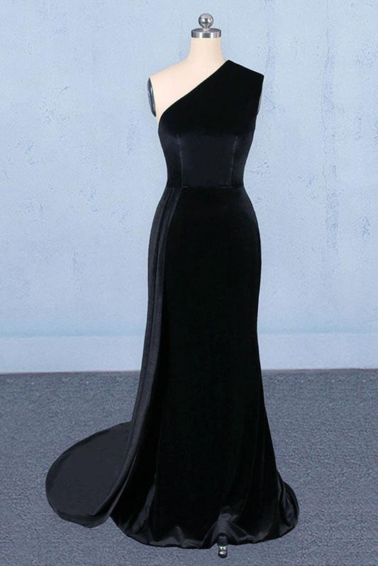 Black One Shoulder Mermaid Long Evening Dress, Unique Black Prom Dresses N2327