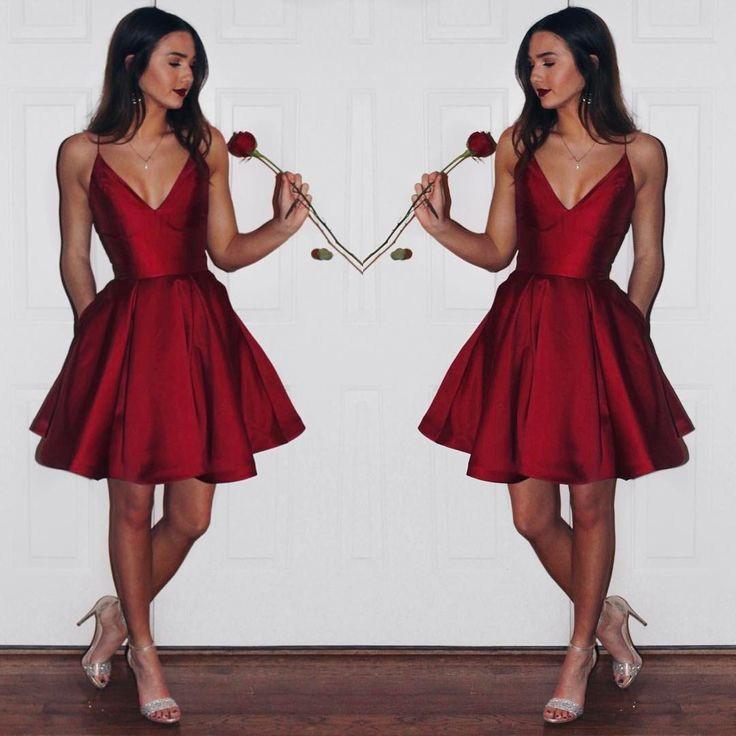 A-Line Spaghetti Straps V-Neck Burgundy Short Homecoming Dress,V-neck Short Prom Dress,N183