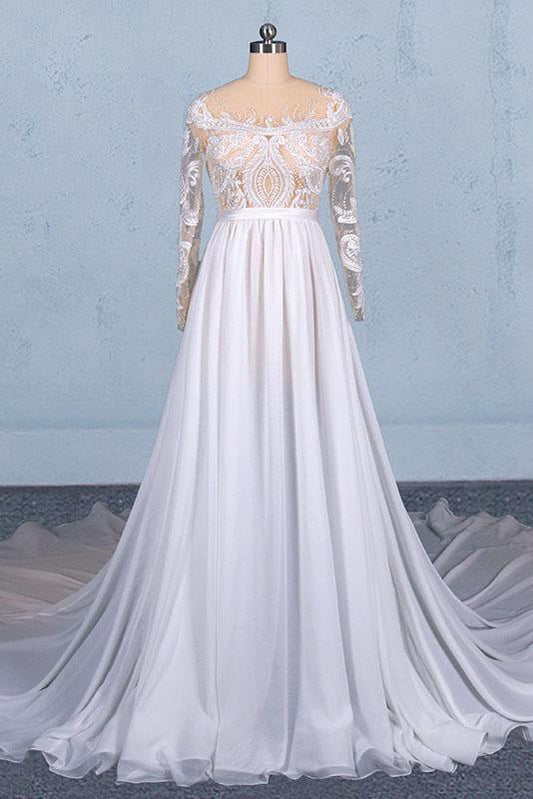 White Long Sleeves Chiffon Wedding Dress with Appliques, Gorgeous Long Bridal Dress N2354