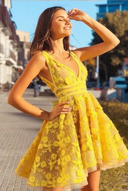 Fashion V neck Yellow Short Lace Prom Dress, A Line Short Homecoming Dress N2187