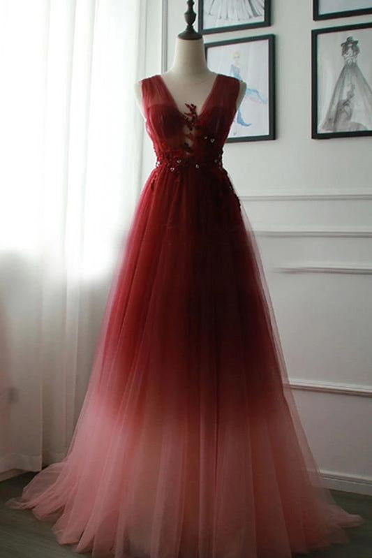 A Line V Neck Tulle Ombre Prom Dress, Cheap Appliqued Party Dresses N2447